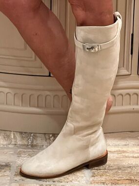 Classic Knee-High Suede Riding Boot in Off-White